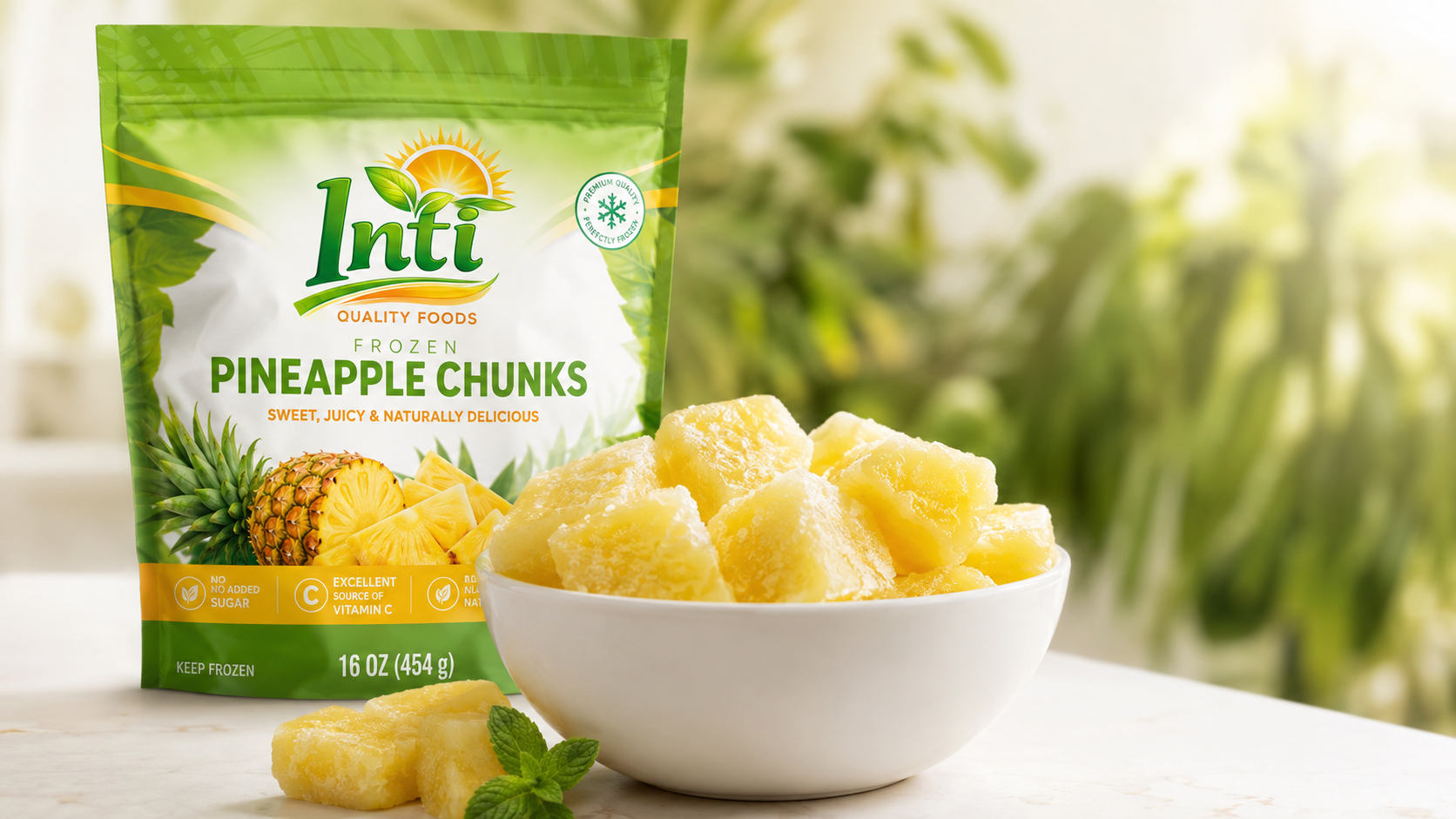 Inti frozen pineapple chunks package with pineapple pieces served in a bowl